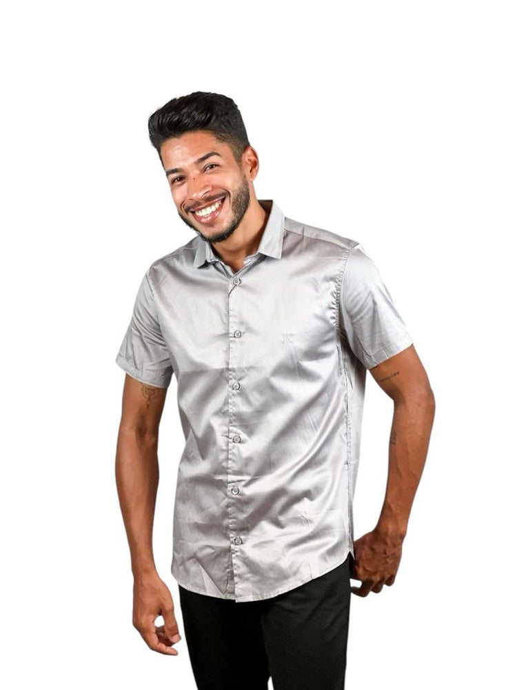 CAMISA SOCIAL MANGA CURTA-CINZA ACETINADA